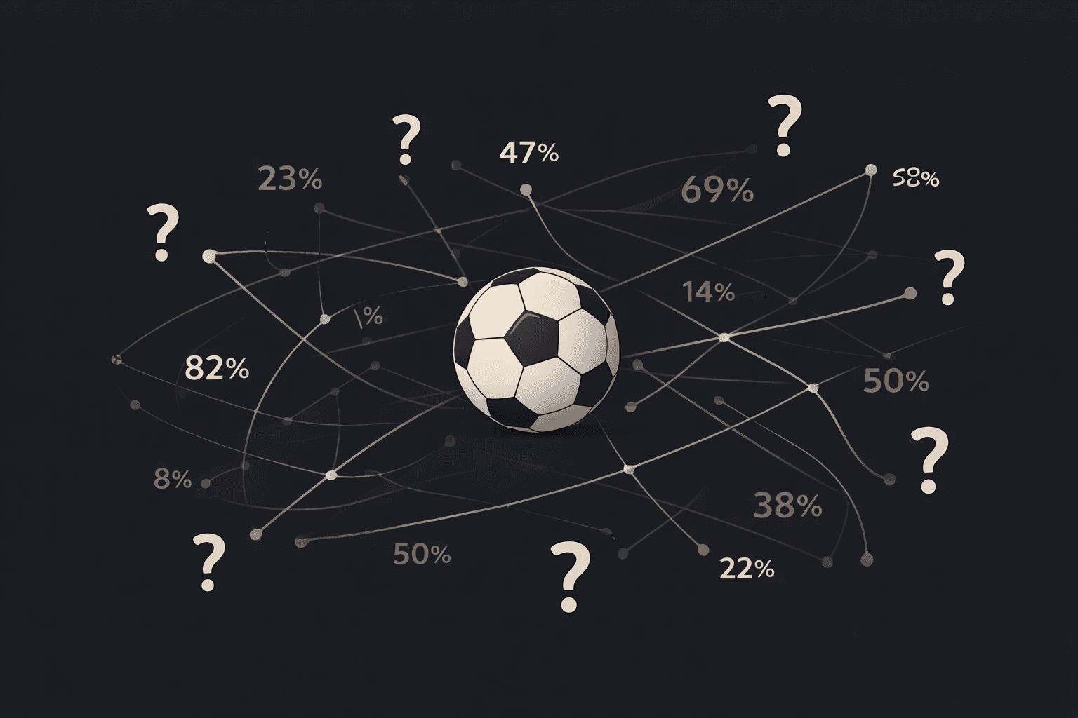 Balón de fútbol con signos de interrogación y gráficos aleatorios